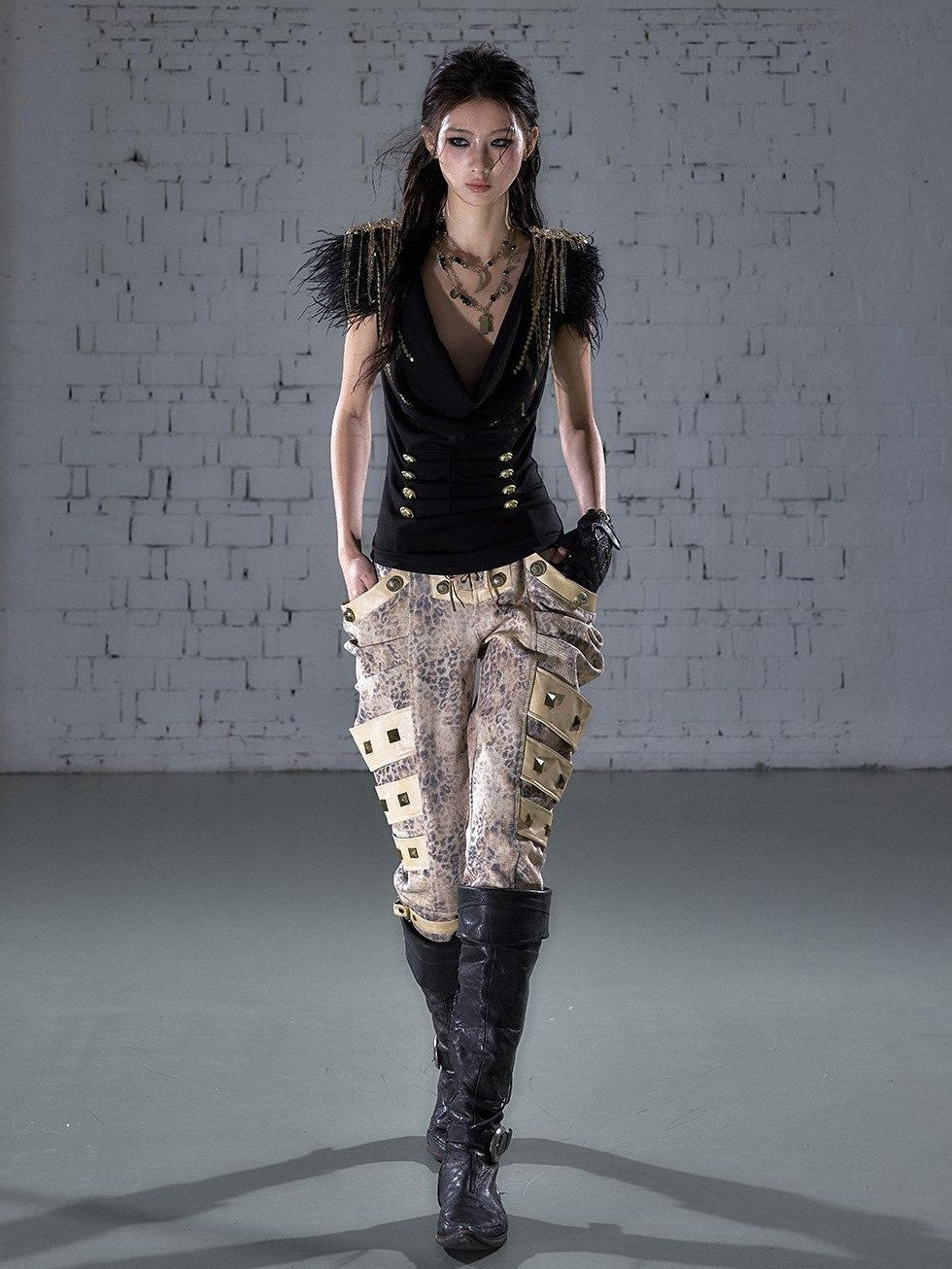 NO ROMANCE Gold Foil Ostrich Tassel Epaulet Drape Neck Slim Women&