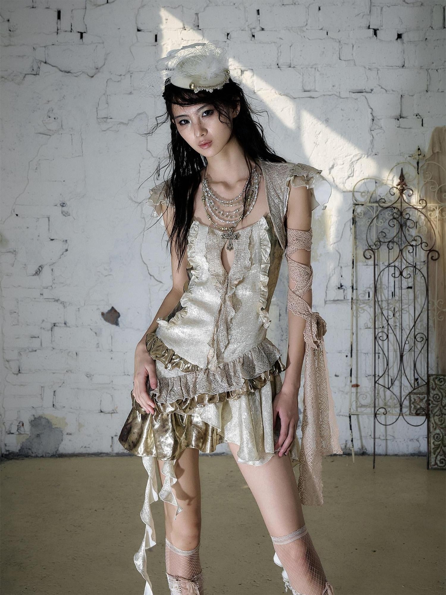 NO ROMANCE Gold Satin Baroque Asymmetrical Ruffle Women&