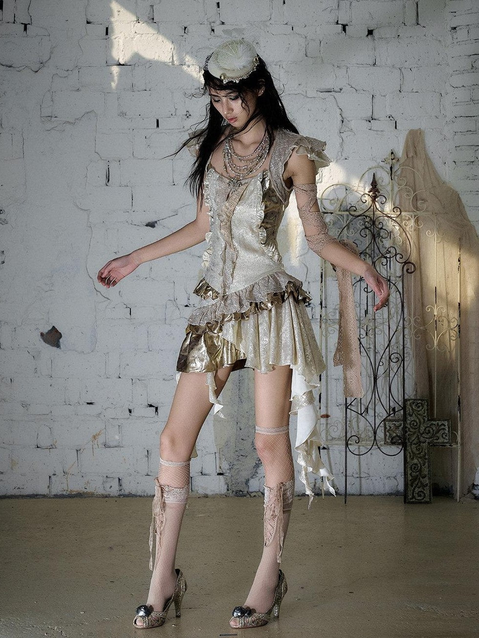 NO ROMANCE Gold Satin Baroque Asymmetrical Ruffle Women&
