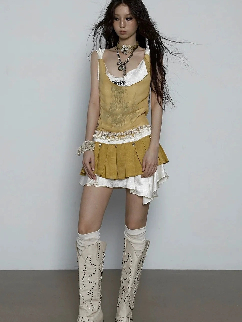 NO ROMANCE Hand Painted Pattern Ruched Faux Two Piece Spaghetti Strap Mini Women Dresses