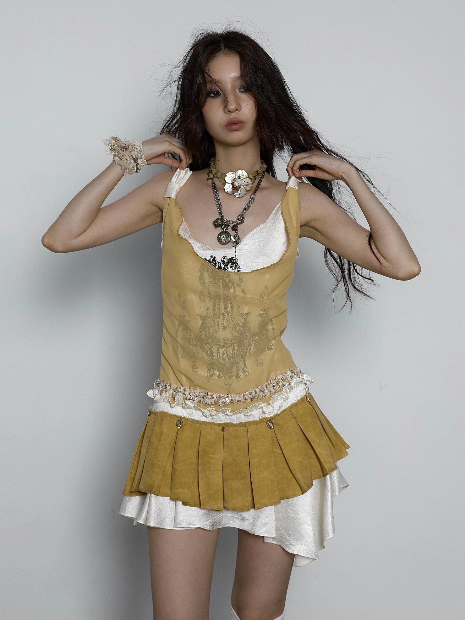 NO ROMANCE Hand Painted Pattern Ruched Faux Two Piece Spaghetti Strap Mini Women Dresses