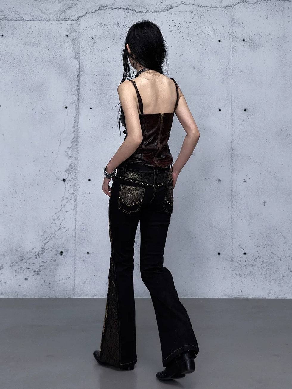 NO ROMANCE High Waist Rhinestone Accent Modern Slim Patchwork Women Floral Stretch Jeans