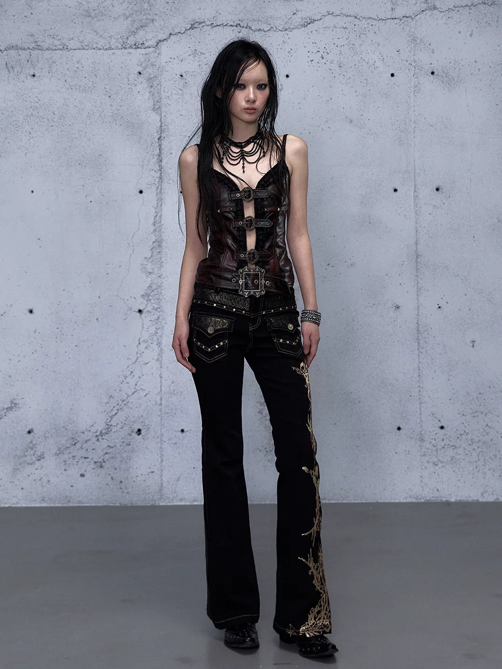 NO ROMANCE High Waist Rhinestone Accent Modern Slim Patchwork Women Floral Stretch Jeans