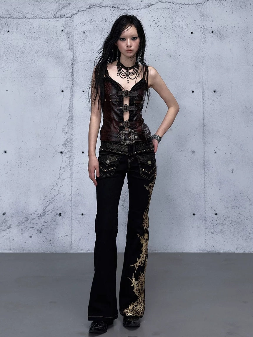 NO ROMANCE High Waist Rhinestone Accent Modern Slim Patchwork Women Floral Stretch Jeans