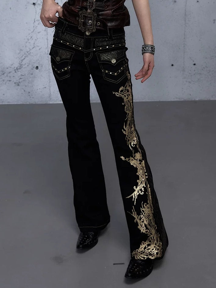 NO ROMANCE High Waist Rhinestone Accent Modern Slim Patchwork Women Floral Stretch Jeans