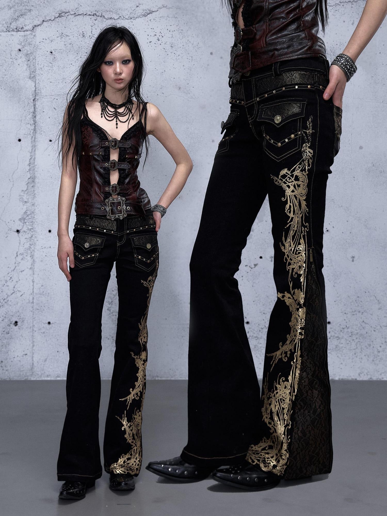 NO ROMANCE High Waist Rhinestone Accent Modern Slim Patchwork Women Floral Stretch Jeans