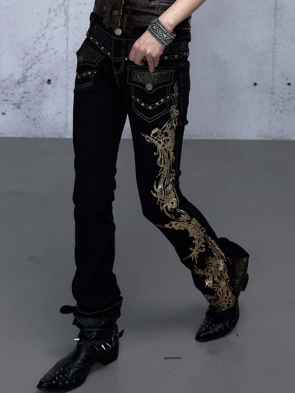 NO ROMANCE High Waist Rhinestone Accent Modern Slim Patchwork Women Floral Stretch Jeans