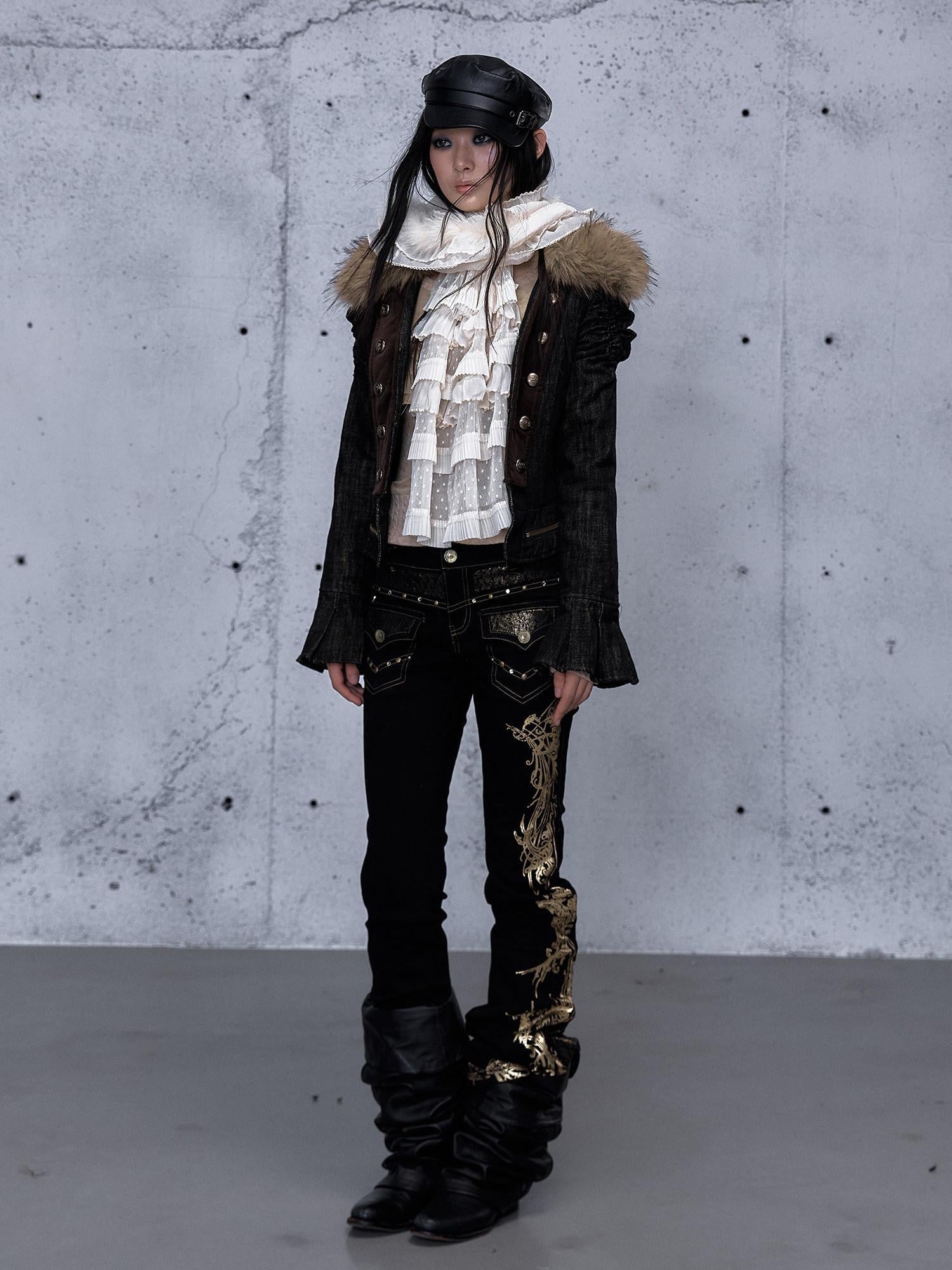 NO ROMANCE High Waist Rhinestone Accent Modern Slim Patchwork Women Floral Stretch Jeans