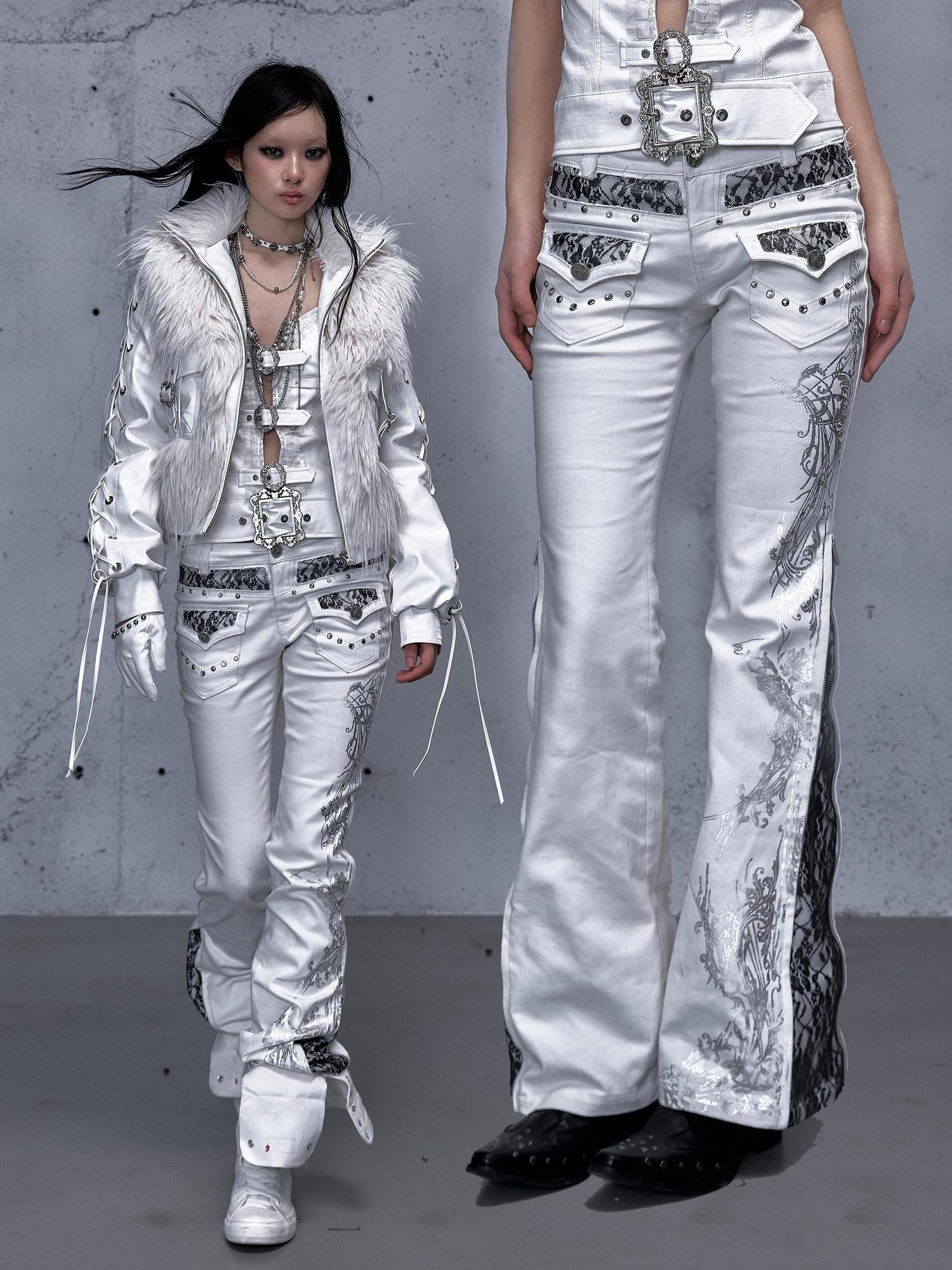 NO ROMANCE High Waist Rhinestone Accent Modern Slim Patchwork Women Floral Stretch Jeans