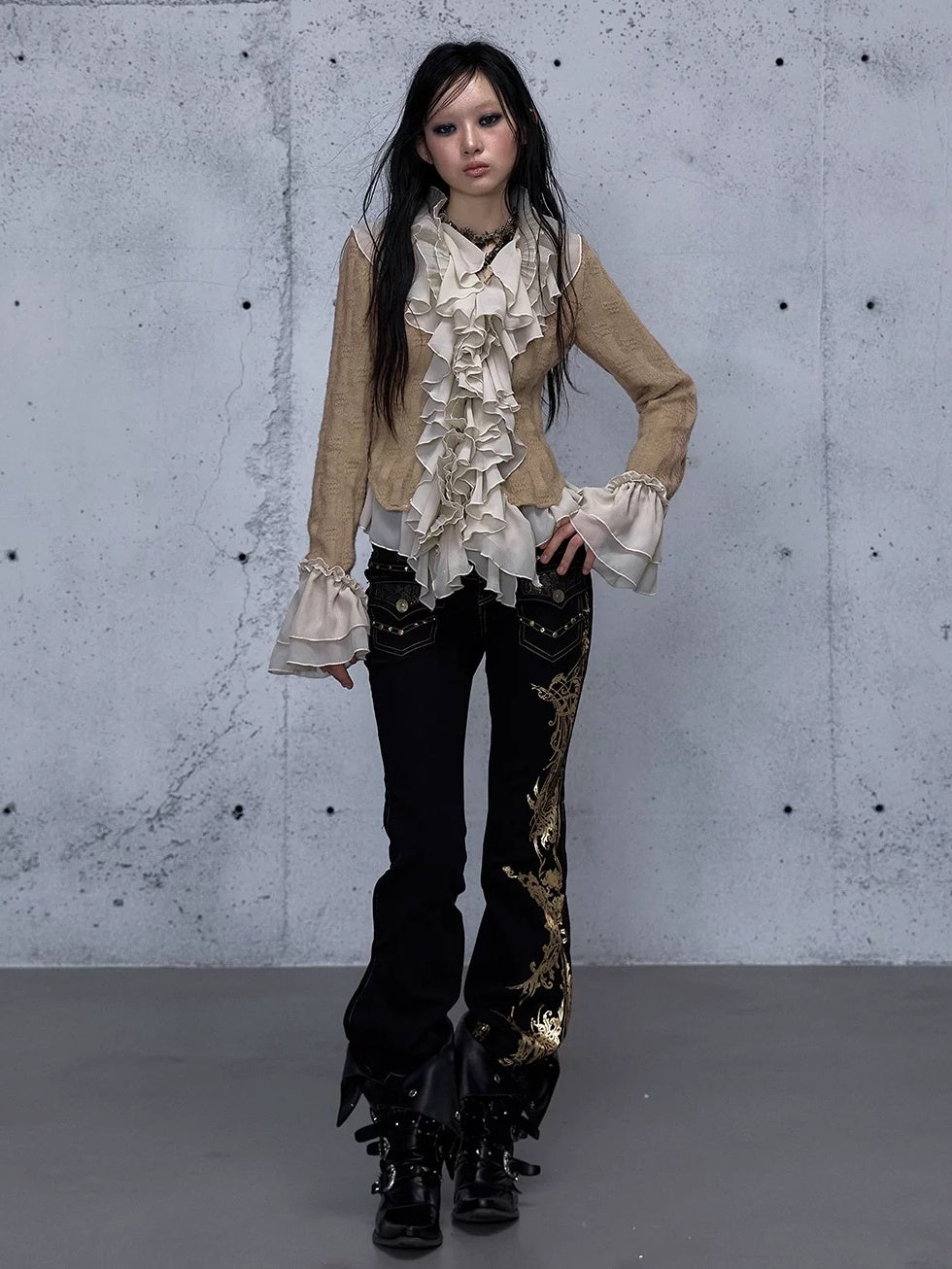 NO ROMANCE High Waist Rhinestone Accent Modern Slim Patchwork Women Floral Stretch Jeans