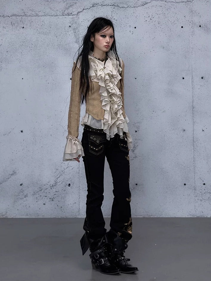 NO ROMANCE High Waist Rhinestone Accent Modern Slim Patchwork Women Floral Stretch Jeans