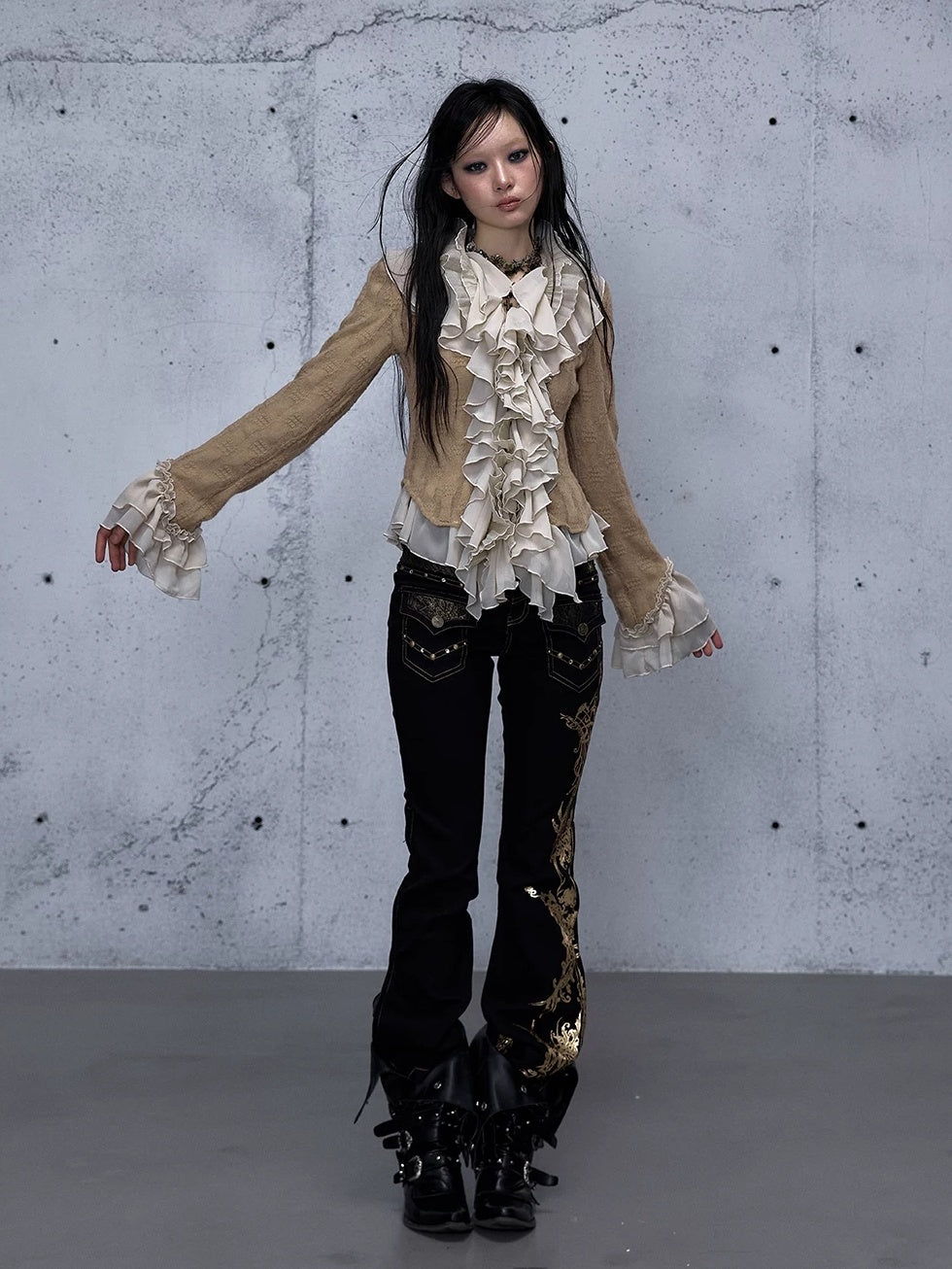 NO ROMANCE High Waist Rhinestone Accent Modern Slim Patchwork Women Floral Stretch Jeans