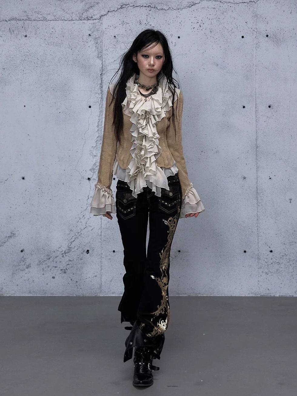 NO ROMANCE High Waist Rhinestone Accent Modern Slim Patchwork Women Floral Stretch Jeans