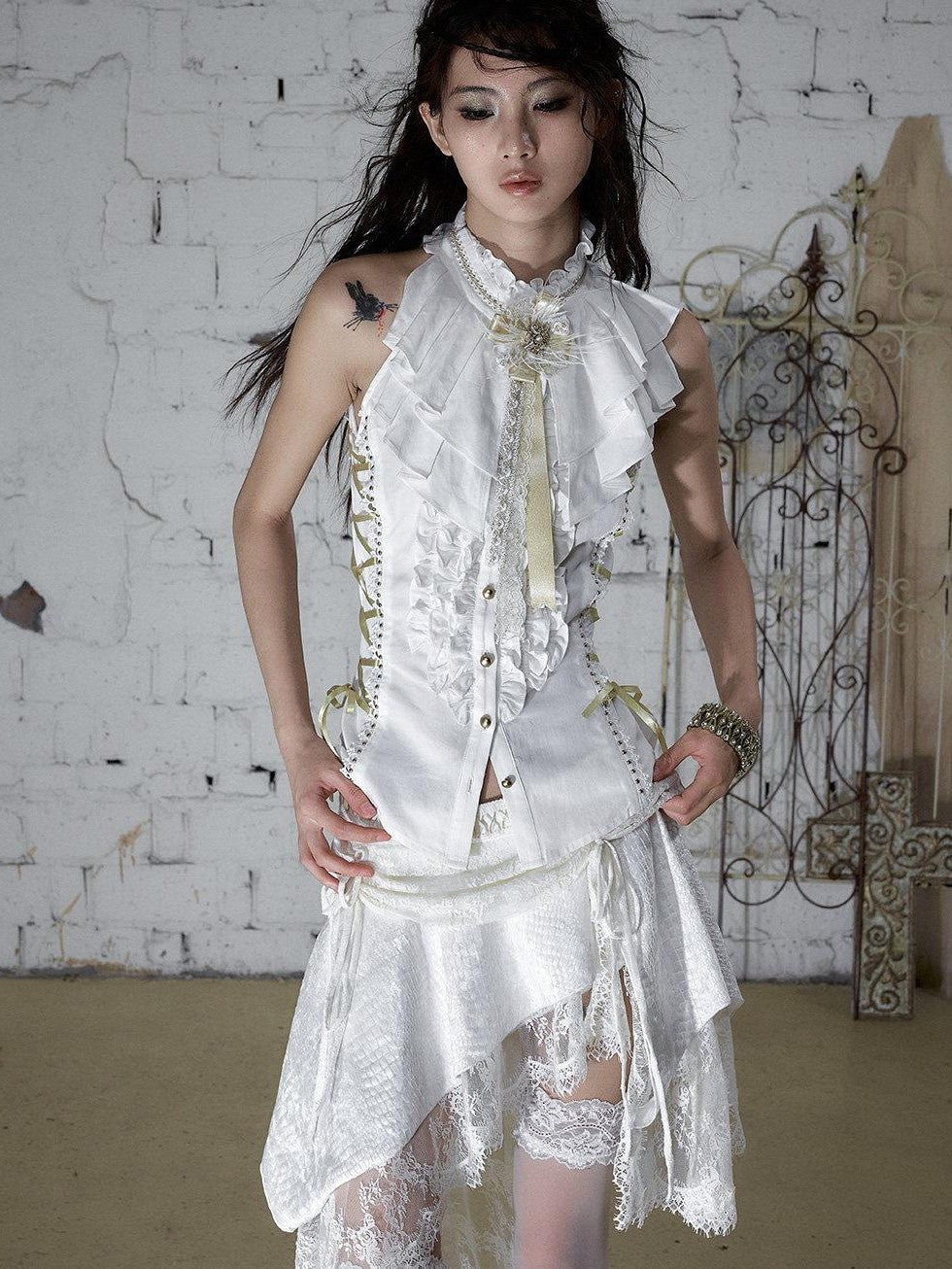 NO ROMANCE Ivory Gold Lace Satin Ribbon Feather Handmade Women&