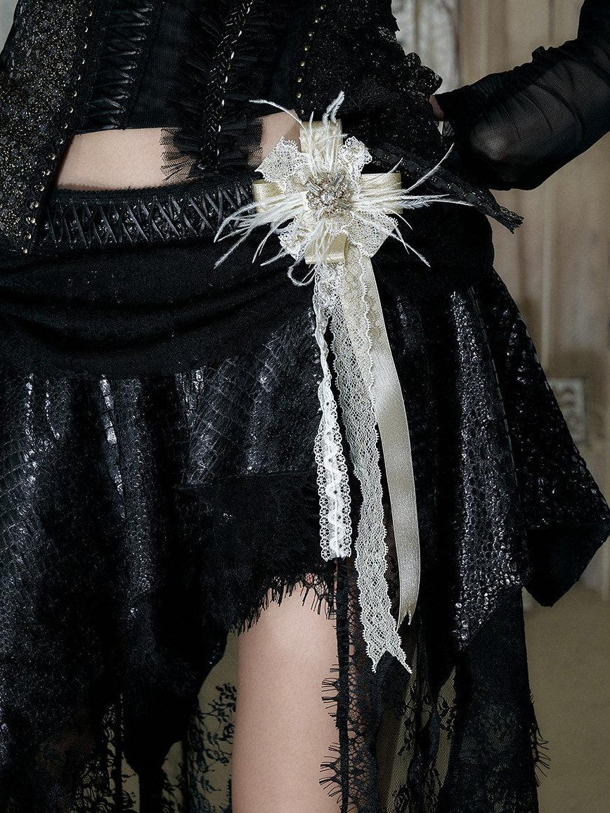 NO ROMANCE Ivory Gold Lace Satin Ribbon Feather Handmade Women&