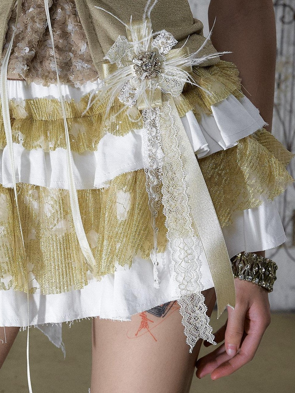 NO ROMANCE Ivory Gold Lace Satin Ribbon Feather Handmade Women&