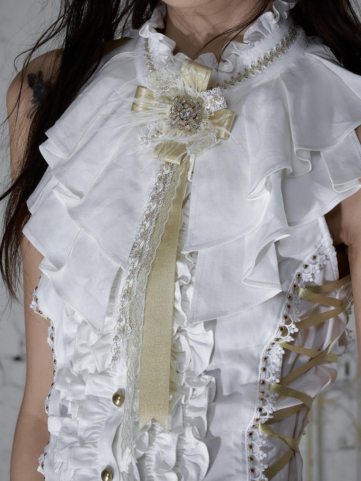 NO ROMANCE Ivory Gold Lace Satin Ribbon Feather Handmade Women&