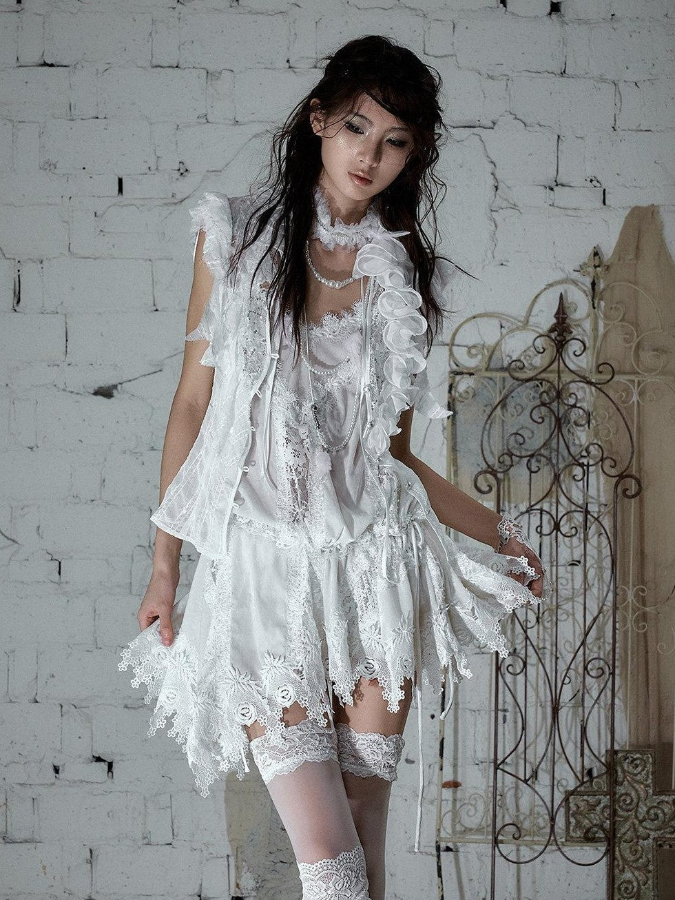 NO ROMANCE Lace Velvet Drawstring V-neck Irregular Women&
