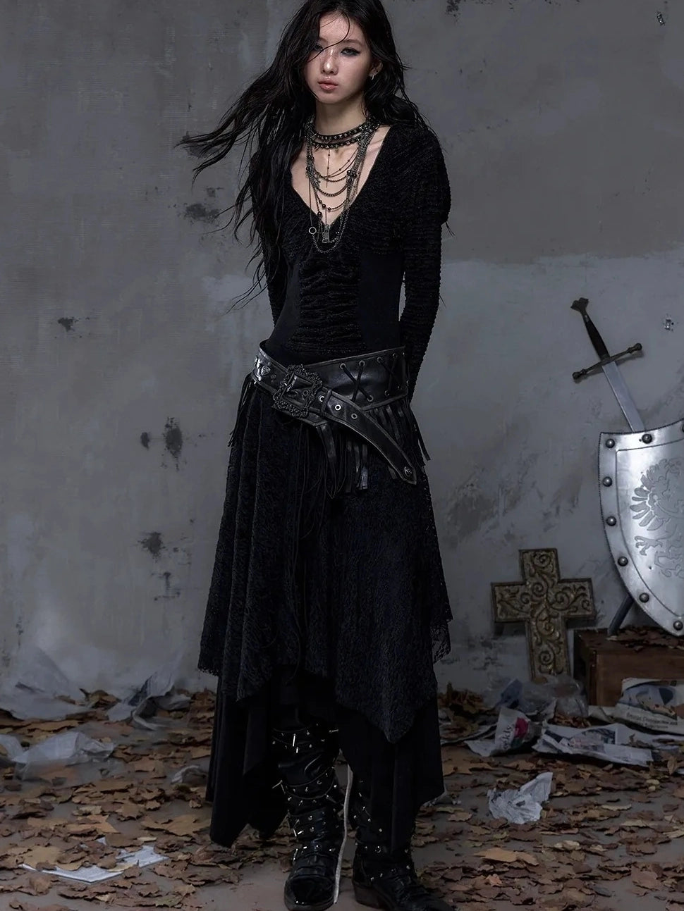 NO ROMANCE Leather Tassel Vintage Punk Metal Pin Buckle Women Waist Black Khaki Belt