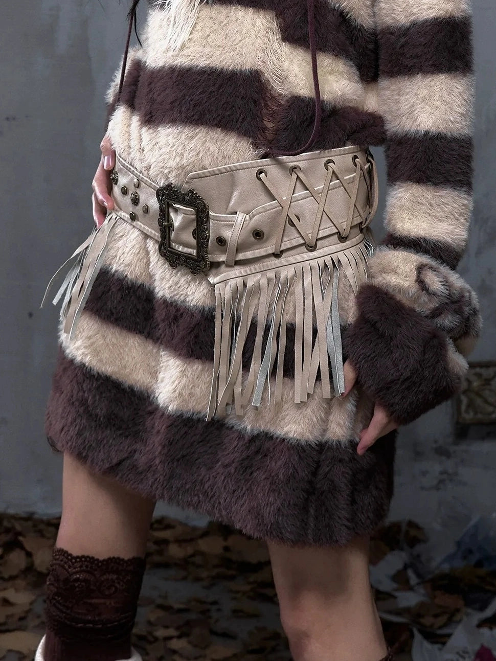 NO ROMANCE Leather Tassel Vintage Punk Metal Pin Buckle Women Waist Black Khaki Belt