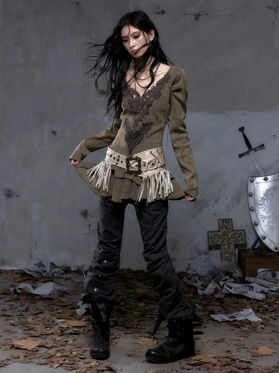 NO ROMANCE Leather Tassel Vintage Punk Metal Pin Buckle Women Waist Black Khaki Belt