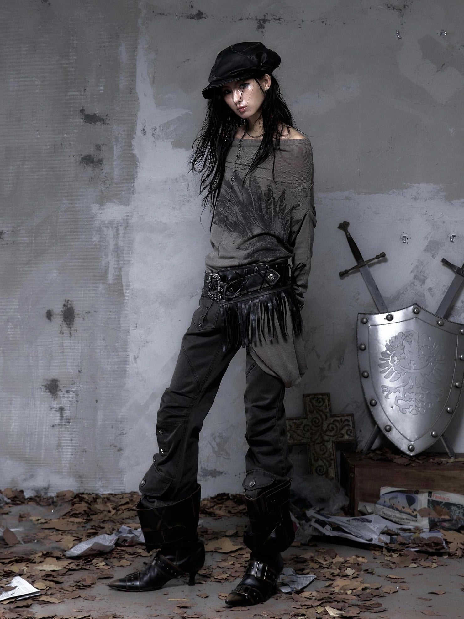 NO ROMANCE Leather Tassel Vintage Punk Metal Pin Buckle Women Waist Black Khaki Belt