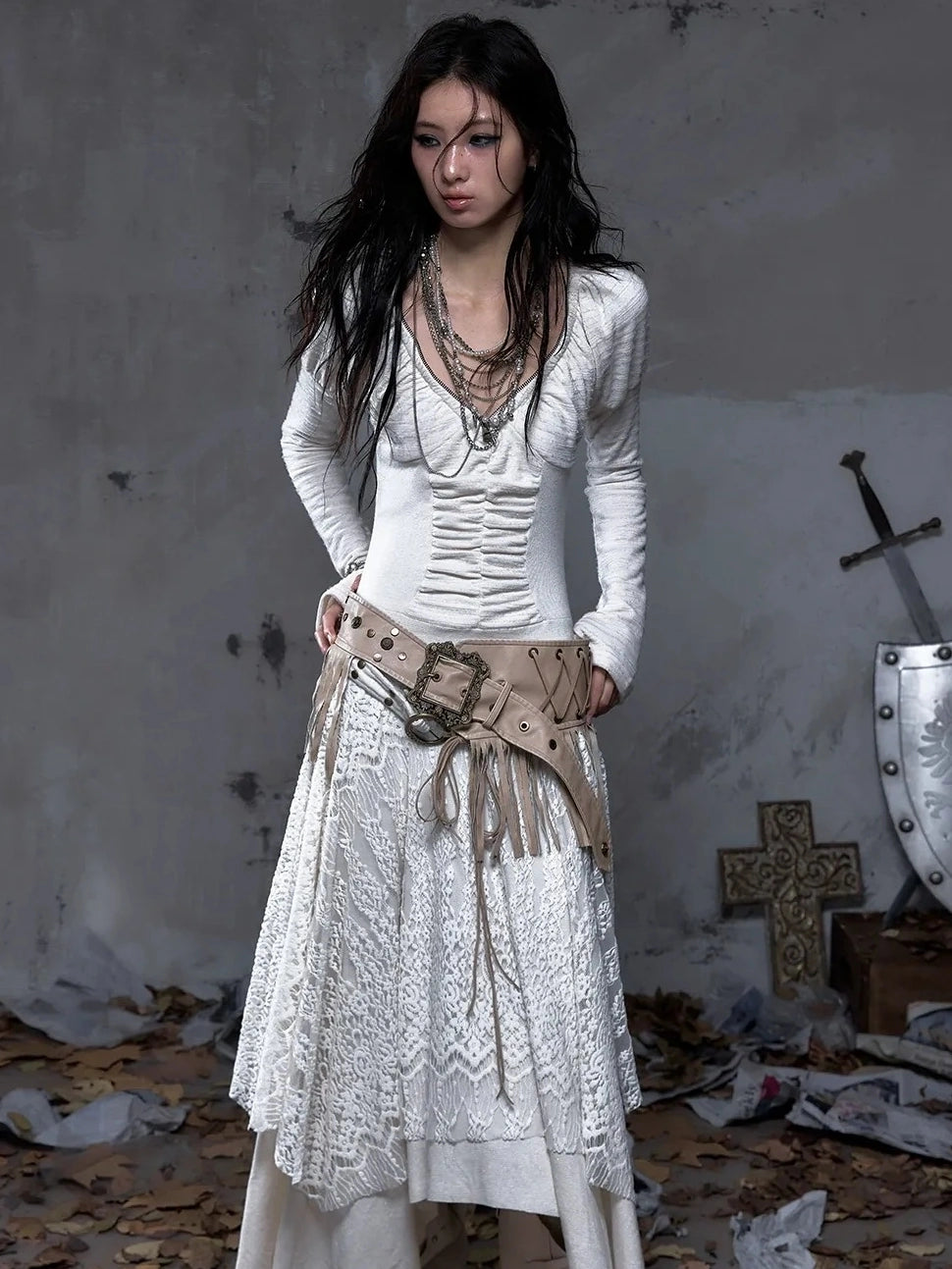 NO ROMANCE Leather Tassel Vintage Punk Metal Pin Buckle Women Waist Black Khaki Belt