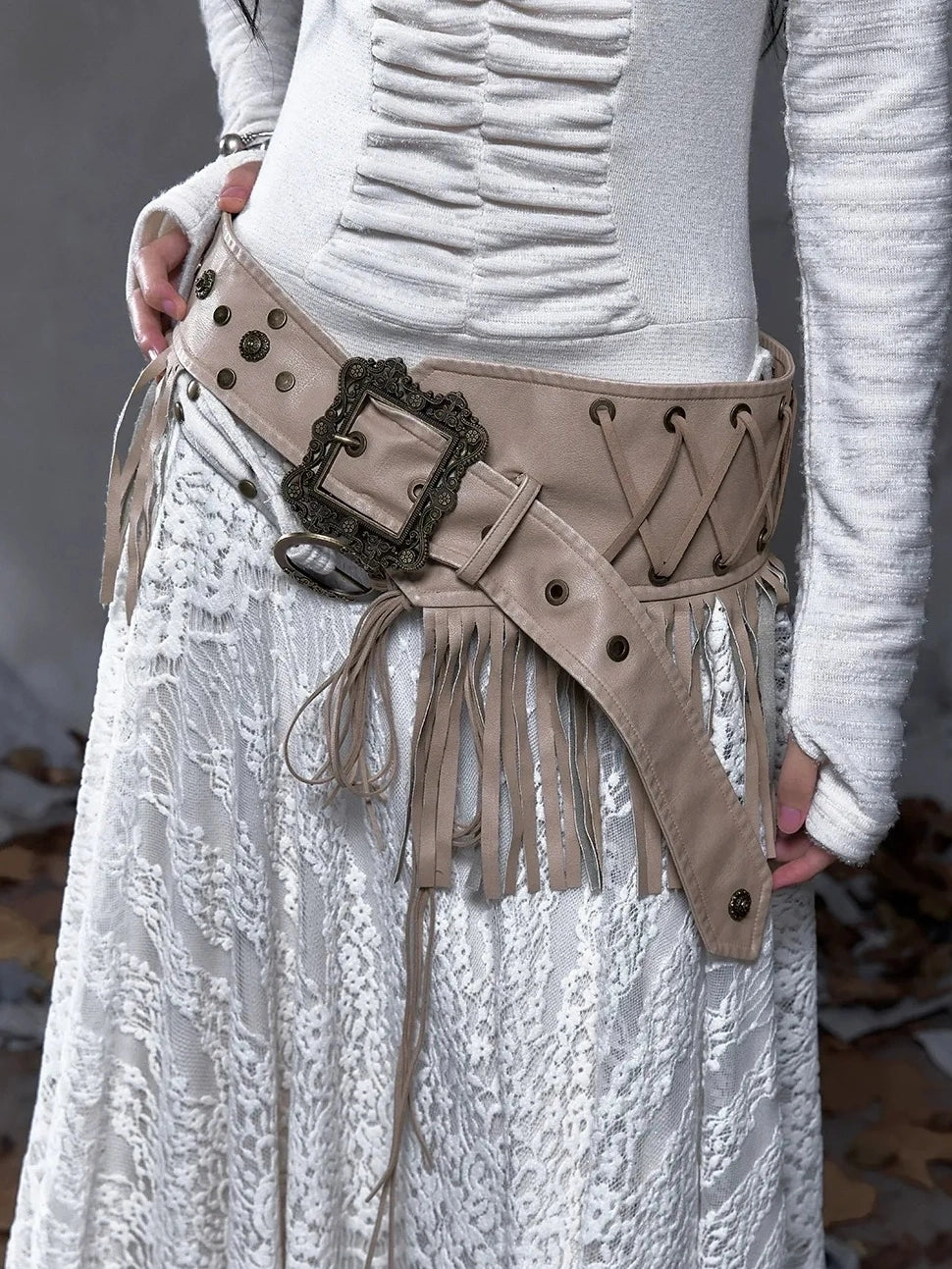 NO ROMANCE Leather Tassel Vintage Punk Metal Pin Buckle Women Waist Black Khaki Belt