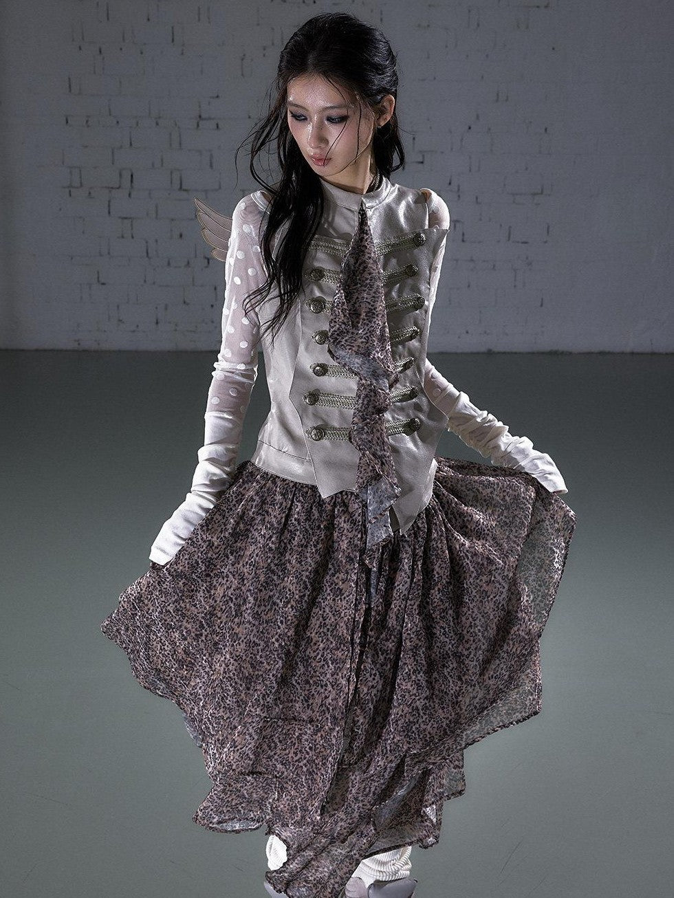 NO ROMANCE Leopard Embroidered Wing Patchwork Asymmetrical Women&