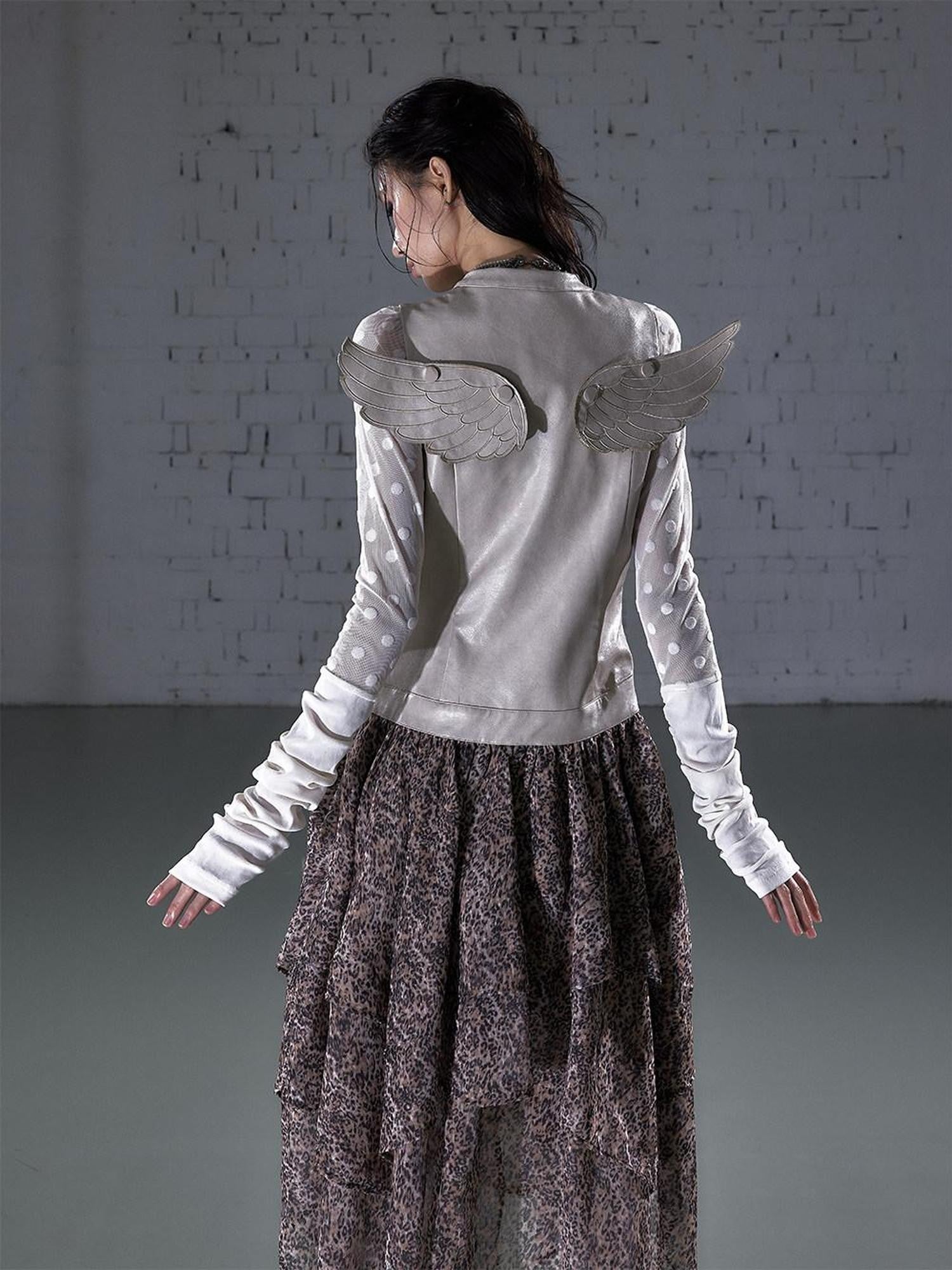 NO ROMANCE Leopard Embroidered Wing Patchwork Asymmetrical Women&
