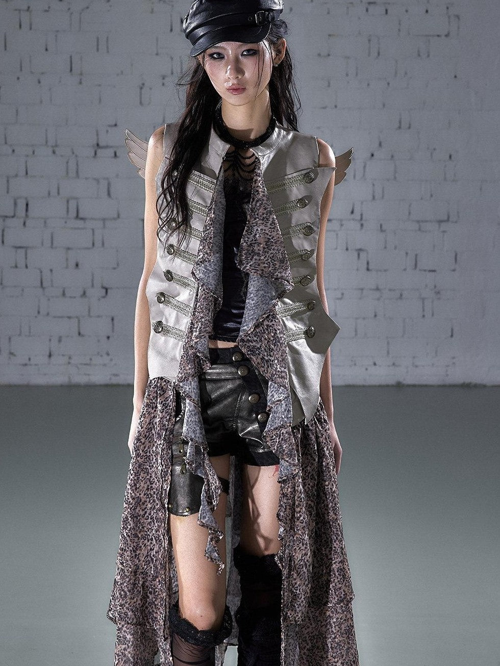 NO ROMANCE Leopard Embroidered Wing Patchwork Asymmetrical Women&