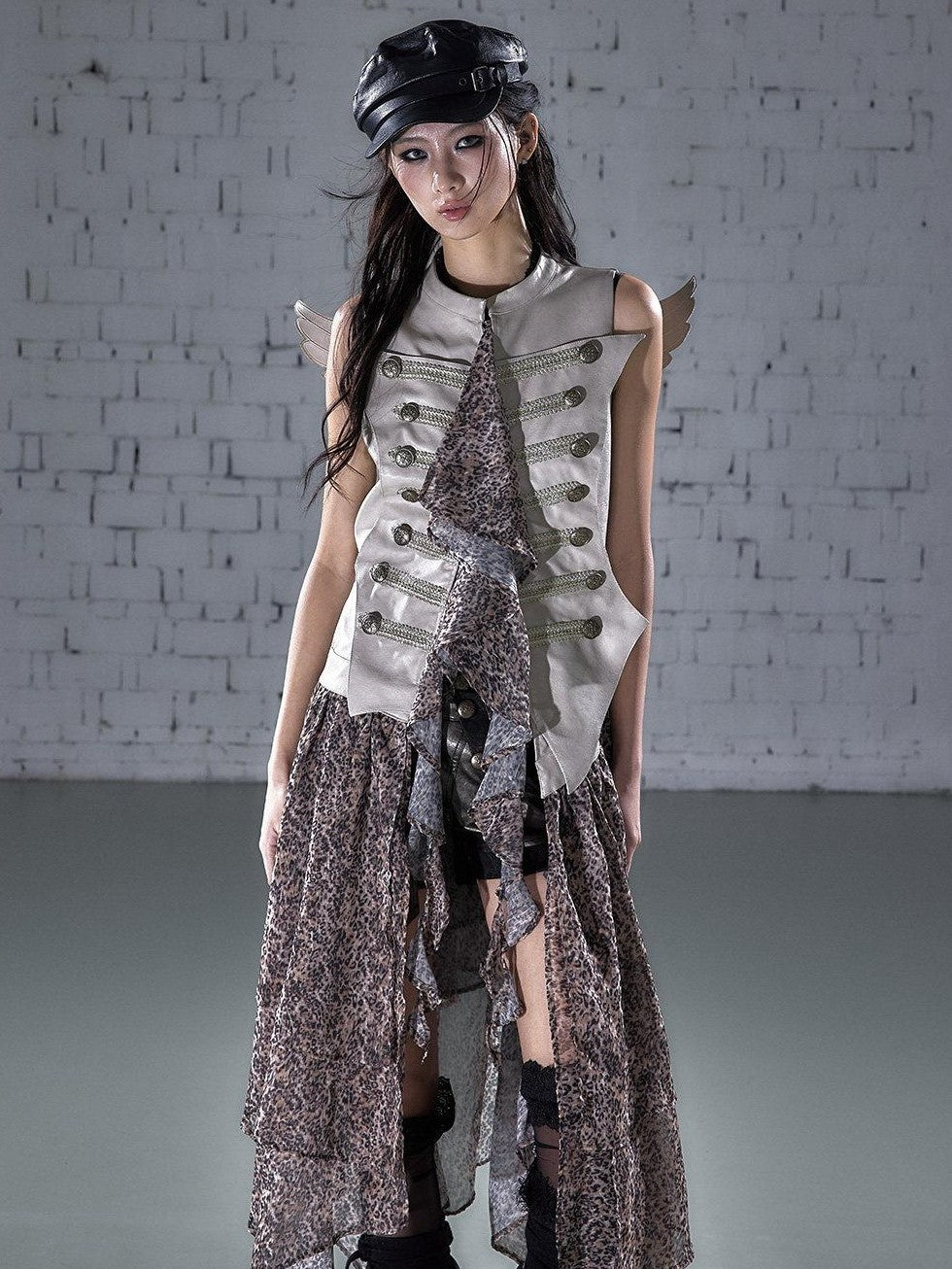NO ROMANCE Leopard Embroidered Wing Patchwork Asymmetrical Women&