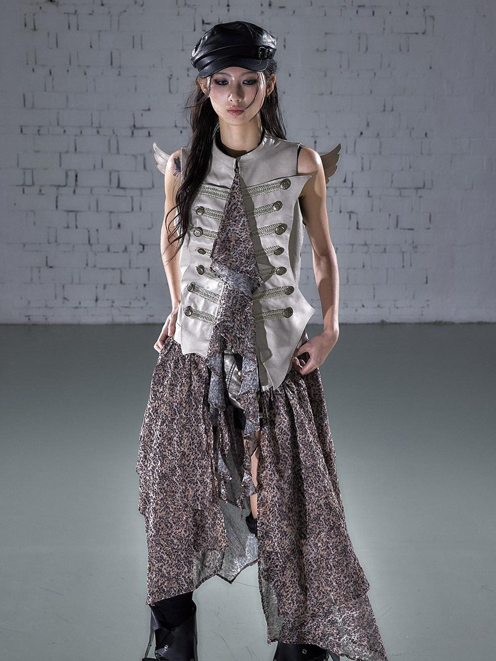 NO ROMANCE Leopard Embroidered Wing Patchwork Asymmetrical Women&