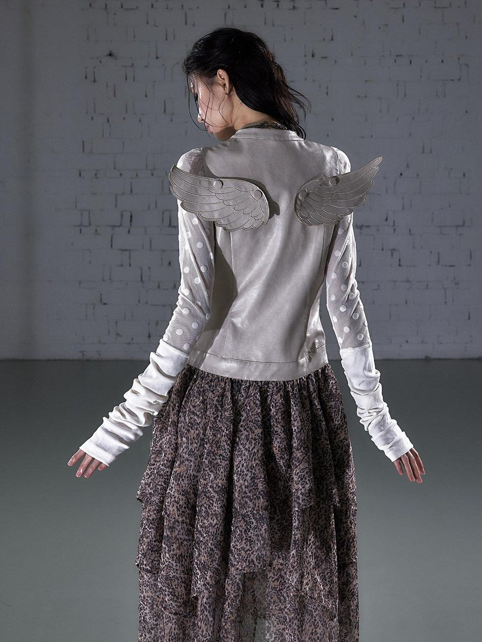 NO ROMANCE Leopard Embroidered Wing Patchwork Asymmetrical Women&