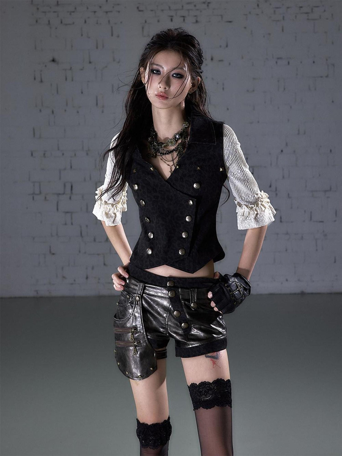 NO ROMANCE Leopard Lace Faux Layered Double Breasted Half Sleeve Women&