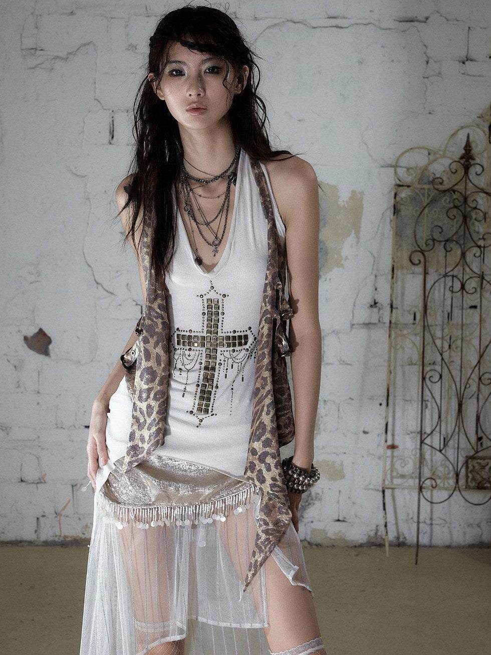 NO ROMANCE Leopard Print Halter V-neck Faux Two Piece Slim Long Strap Women&