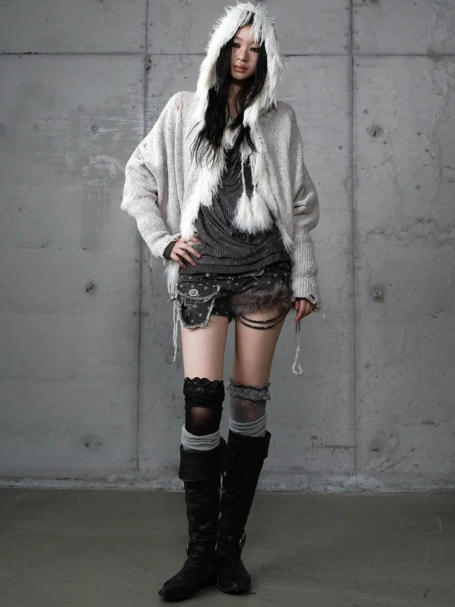 NO ROMANCE Oversized Wool Blend Knit Fringe Open Front Cardigan Batwing Long Sleeve Sweater