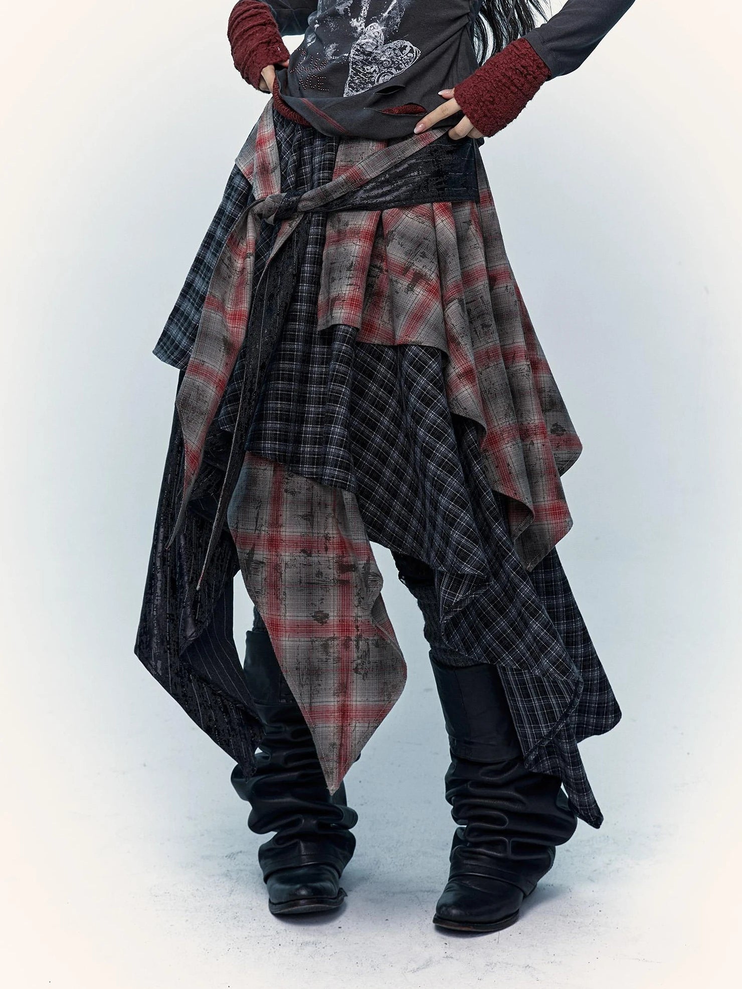 Patchwork Plaid Asymmetric Rock Style A Line Mid Rise Women Travel Skirt
