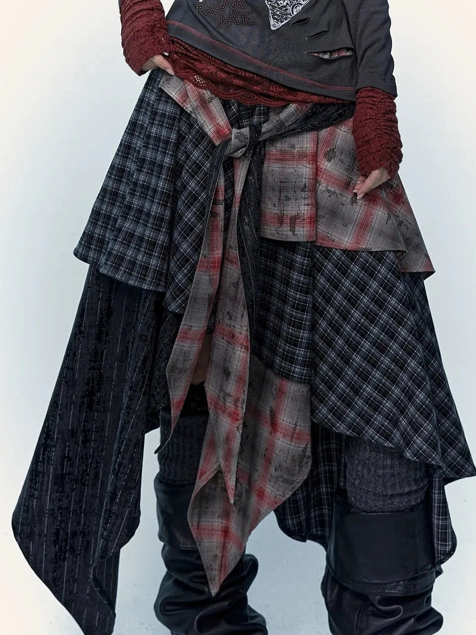 Patchwork Plaid Asymmetric Rock Style A Line Mid Rise Women Travel Skirt