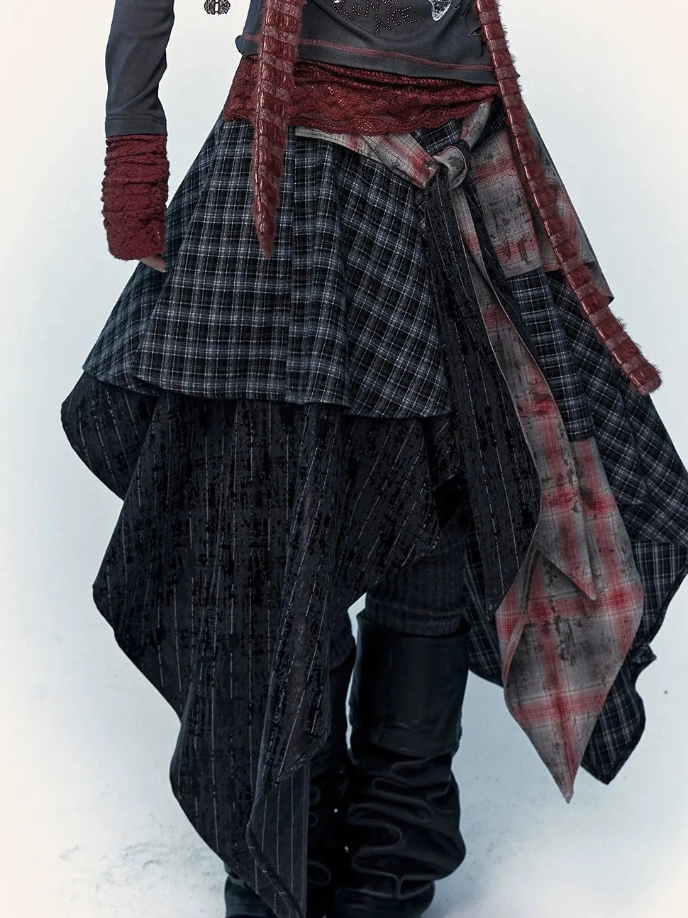 Patchwork Plaid Asymmetric Rock Style A Line Mid Rise Women Travel Skirt