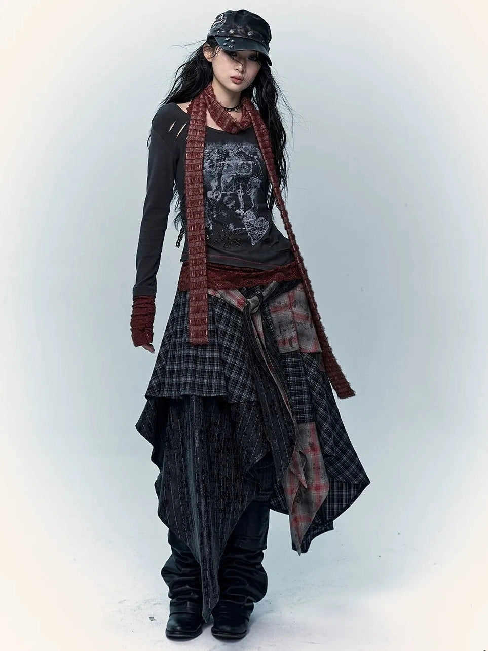 Patchwork Plaid Asymmetric Rock Style A Line Mid Rise Women Travel Skirt