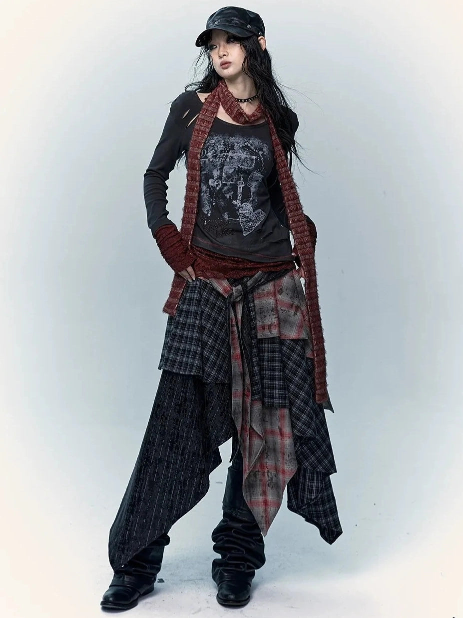 Patchwork Plaid Asymmetric Rock Style A Line Mid Rise Women Travel Skirt