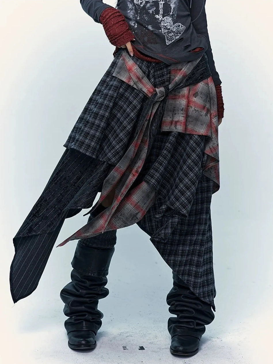 Patchwork Plaid Asymmetric Rock Style A Line Mid Rise Women Travel Skirt