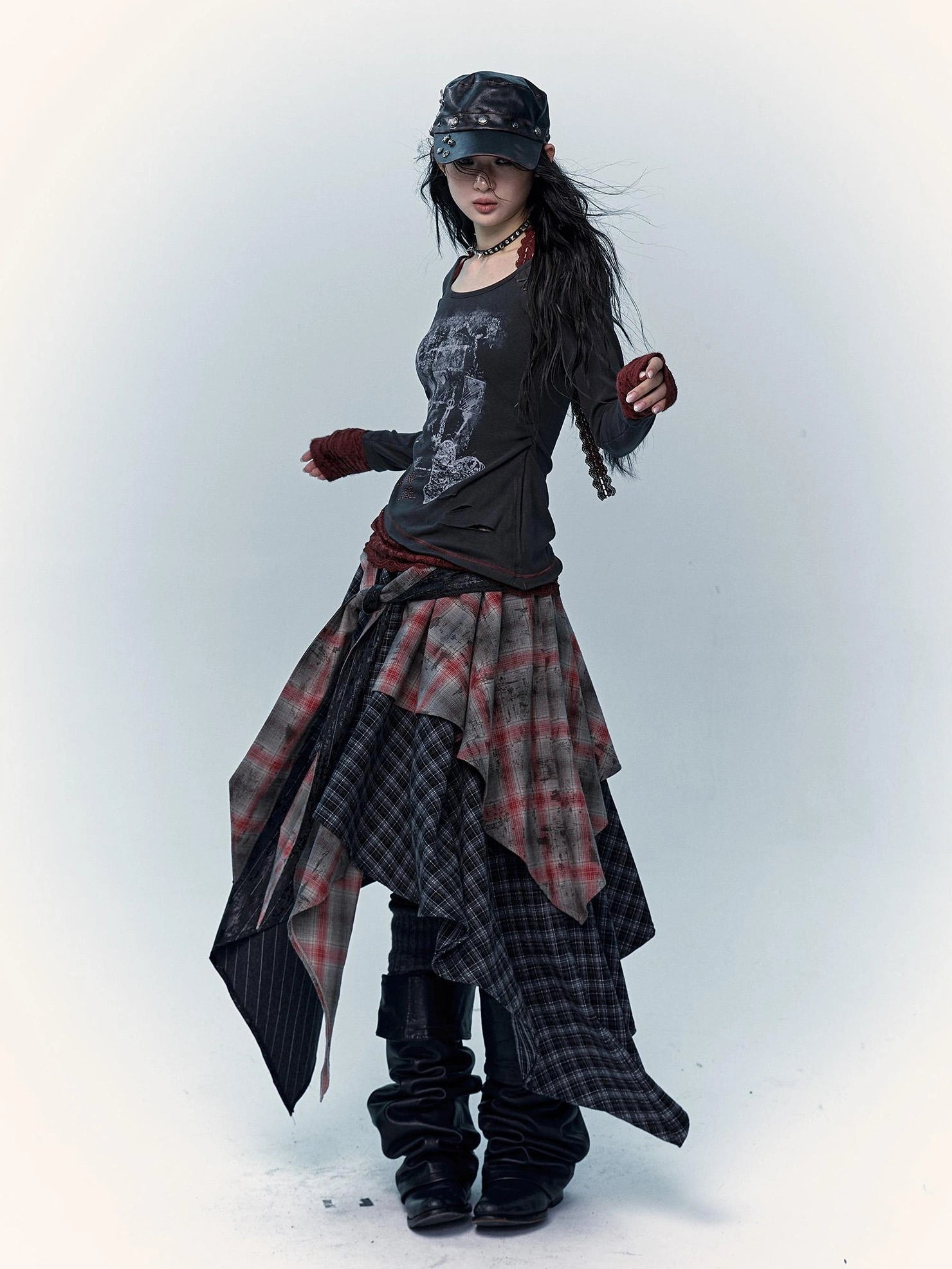Patchwork Plaid Asymmetric Rock Style A Line Mid Rise Women Travel Skirt