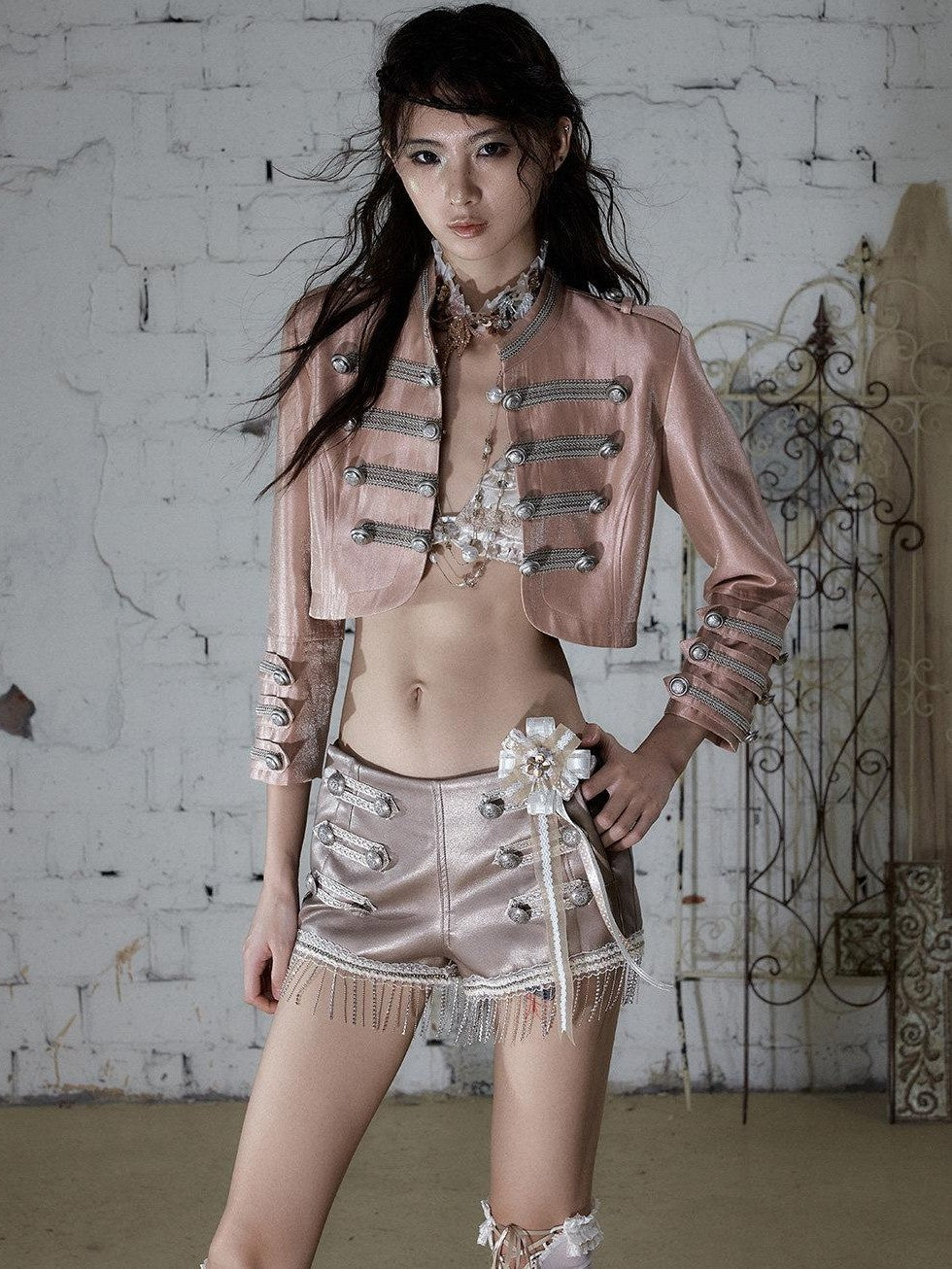 NO ROMANCE Pink Napoleonic Double Breasted Stand Collar Women&