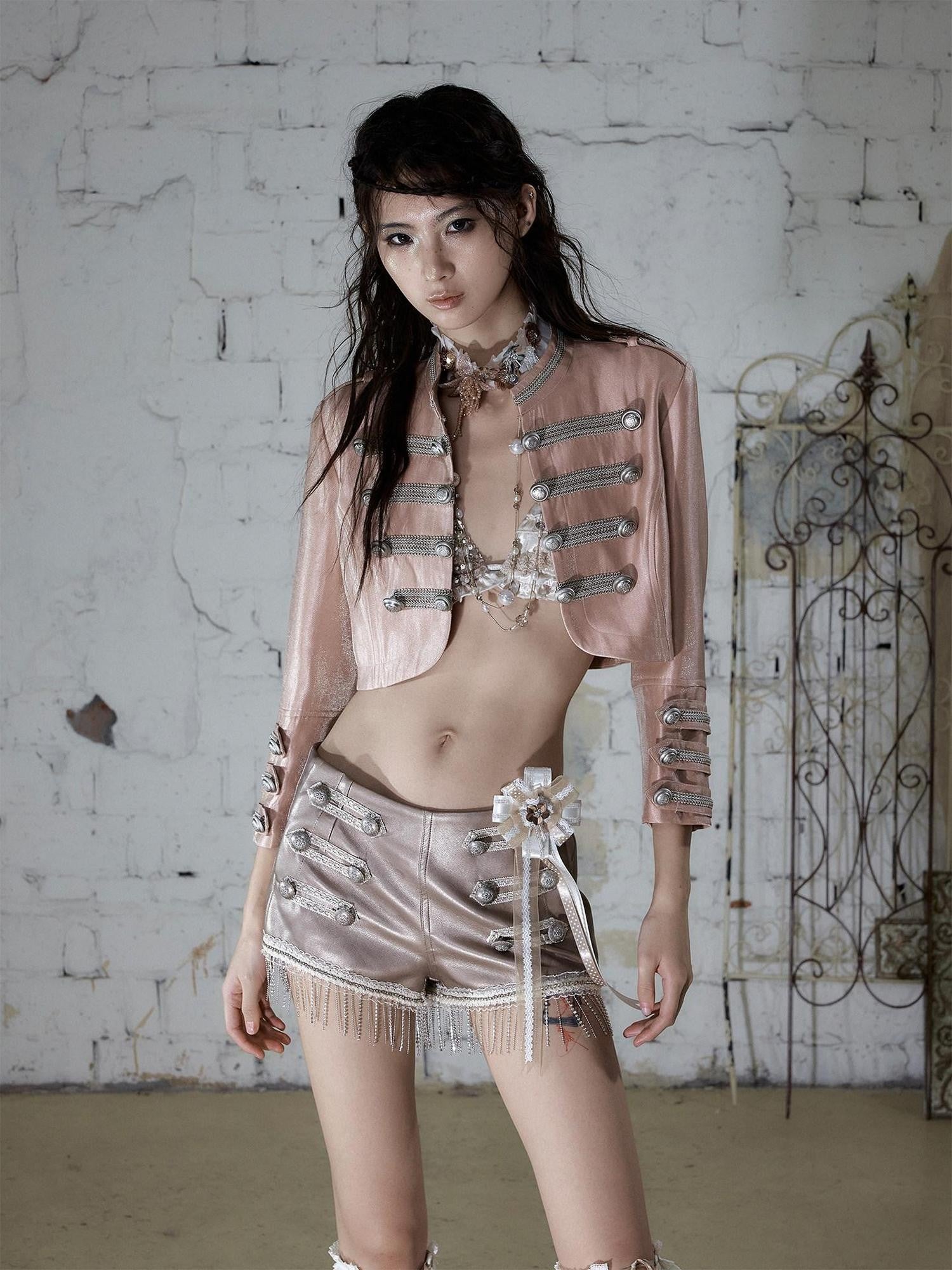 NO ROMANCE Pink Napoleonic Double Breasted Stand Collar Women&