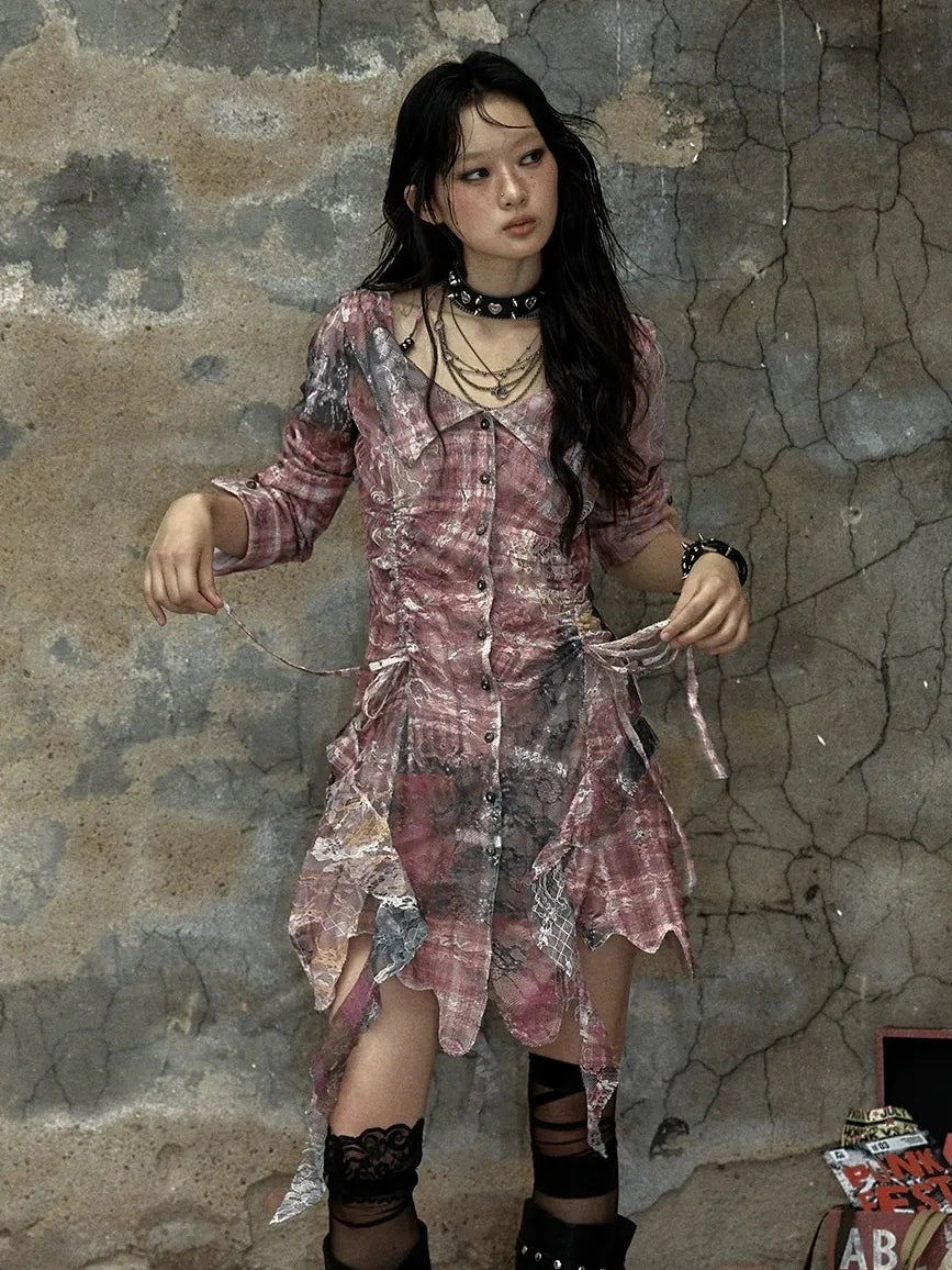 NO ROMANCE Pink Tie Dye Retro Shirt Dress Patchwork Natural Waist Button Mini Dresses