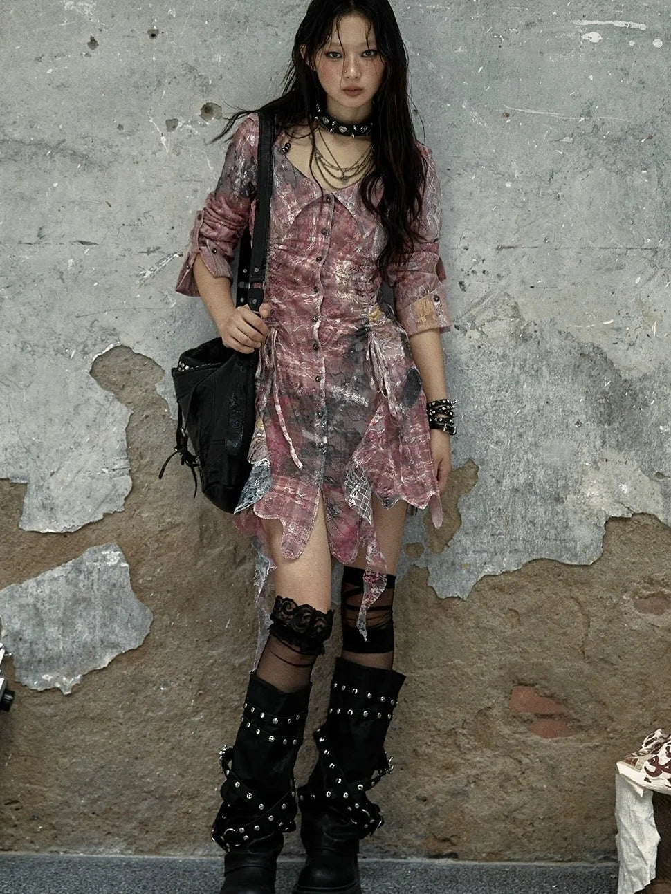 NO ROMANCE Pink Tie Dye Retro Shirt Dress Patchwork Natural Waist Button Mini Dresses