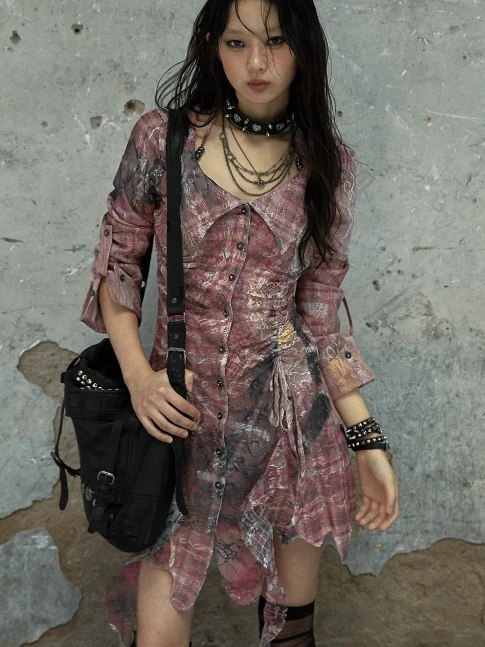NO ROMANCE Pink Tie Dye Retro Shirt Dress Patchwork Natural Waist Button Mini Dresses