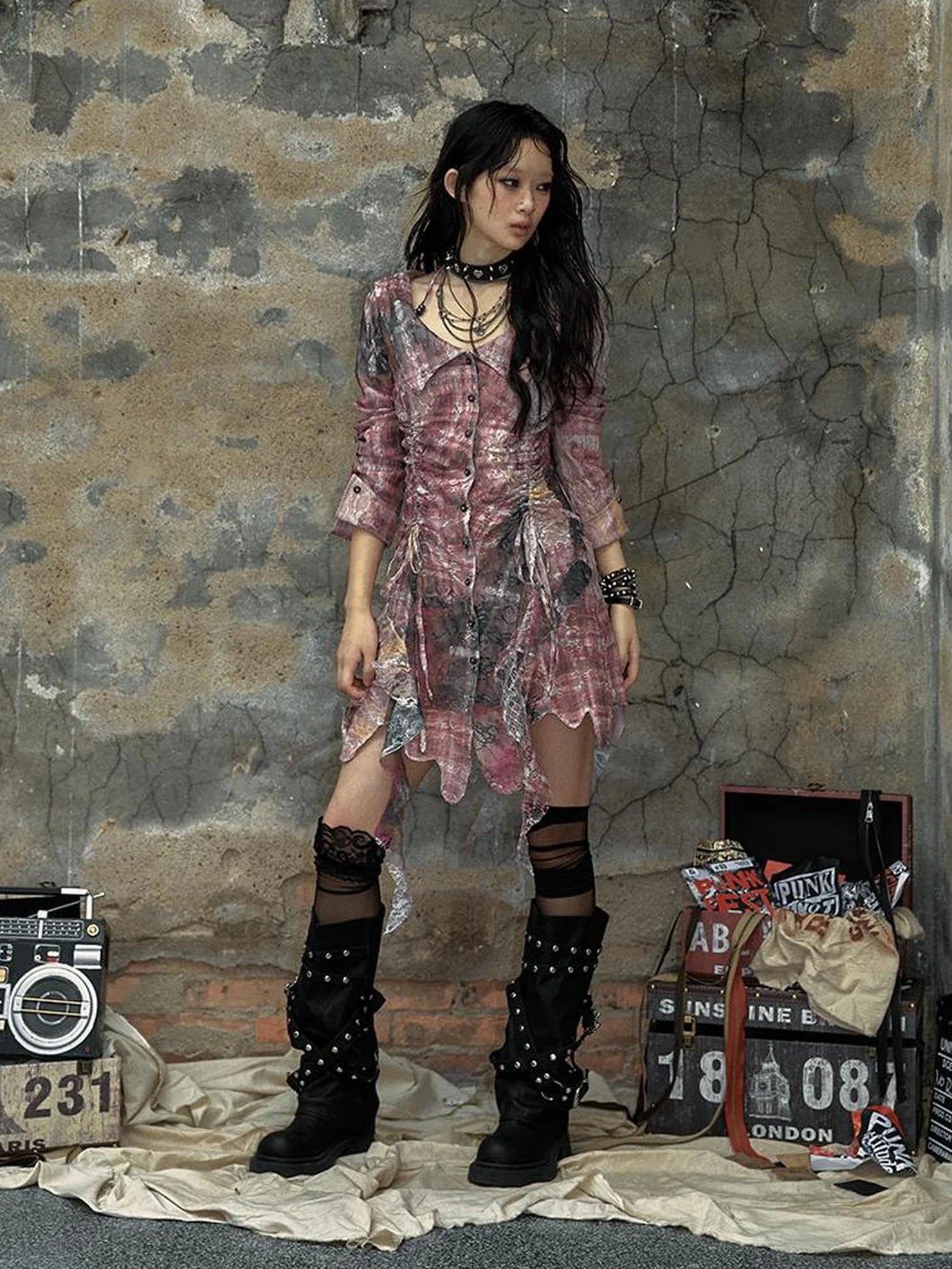 NO ROMANCE Pink Tie Dye Retro Shirt Dress Patchwork Natural Waist Button Mini Dresses